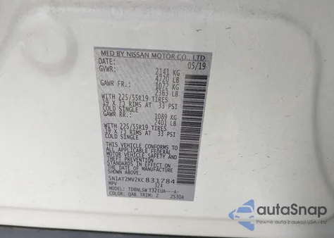 2019 Nissan Rogue Sl z USA, uszkodzony, nr VIN 5N1AT2MV2KC831784